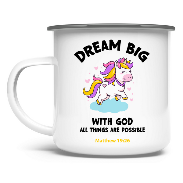 Emaille Tasse einhorn all things are possible matthew 19:26