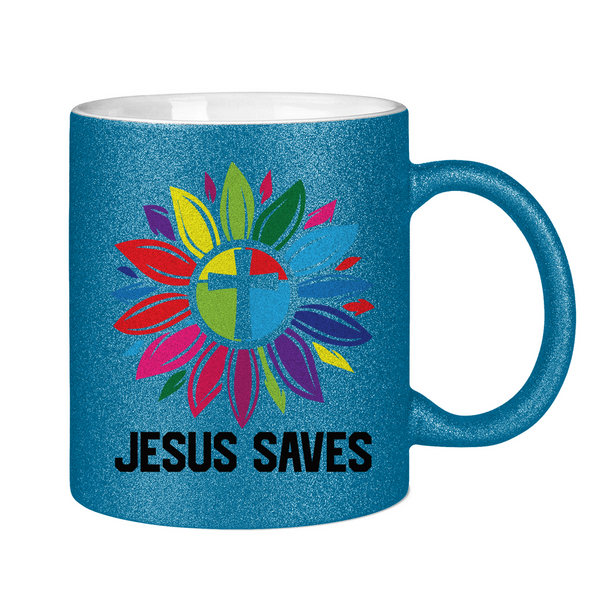 Glitzertasse jesus saves blume