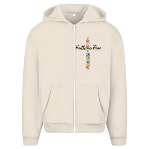 Oversize Zipper Hoodie faith over fear blumen kreuz