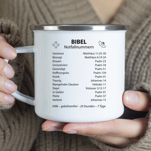 Emaille Tasse bibel notfallnummern verse