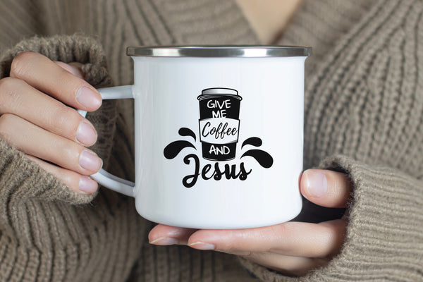 Emaille Tasse give me coffee and jesus