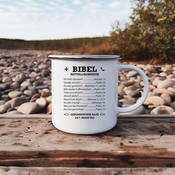 Emaille Tasse bibel notfallnummern