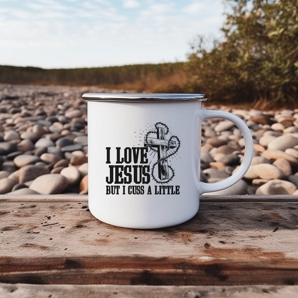 Emaille Tasse i love jesus but i cuss a little