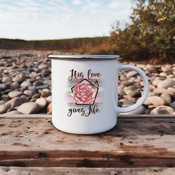 Emaille Tasse his love gives life