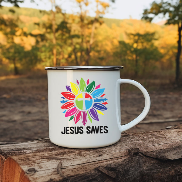 Emaille Tasse jesus saves blume