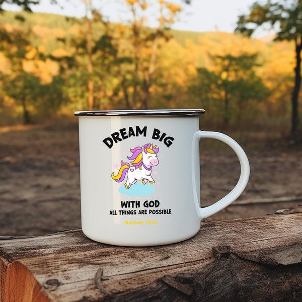 Emaille Tasse einhorn all things are possible matthew 19:26