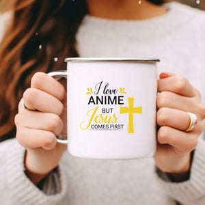 Emaille Tasse i love anime but jesus comes first