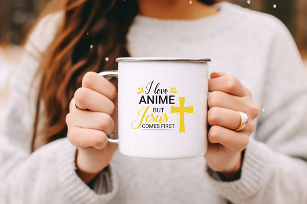 Emaille Tasse i love anime but jesus comes first