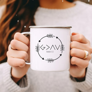 Emaille Tasse got is greater romans 8:28 pfeile