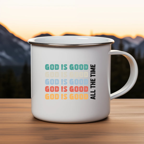 Emaille Tasse god is good schriftzug