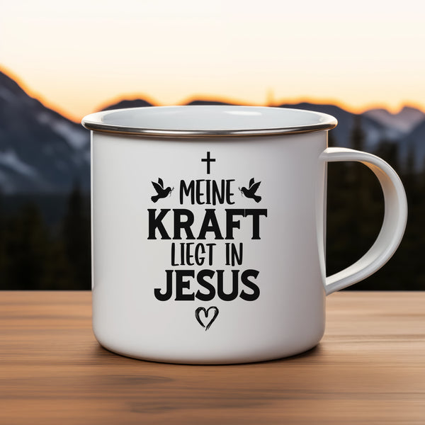 Emaille Tasse meine kraft liegt in jesus