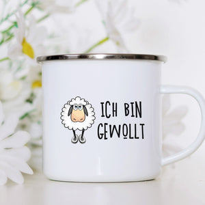 Emaille Tasse schaf ich bin gewollt