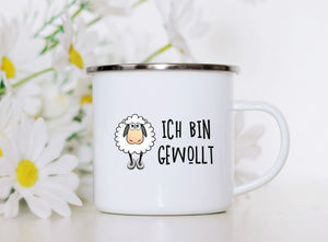 Emaille Tasse schaf ich bin gewollt