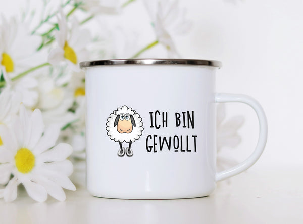 Emaille Tasse schaf ich bin gewollt