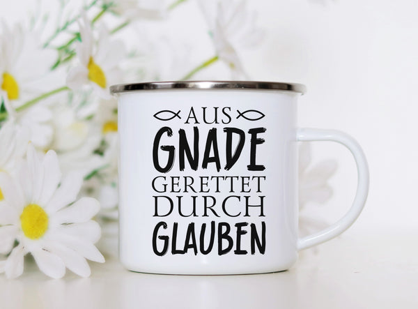 Emaille Tasse aus gnade gerettet