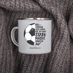 Emaille Tasse der mich stark macht philipper 4:13 fußballer