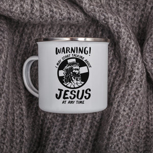Emaille Tasse warning may start talking about jesus