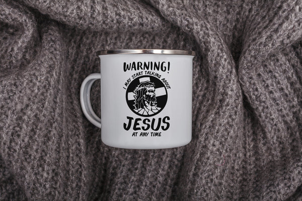 Emaille Tasse warning may start talking about jesus