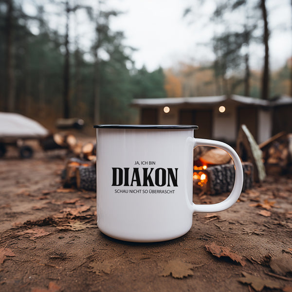 Emaille Tasse ja, ich bin diakon