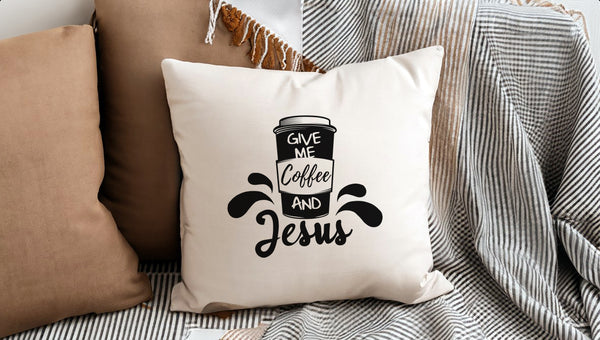 Kopfkissen zweifarbig give me coffee and jesus