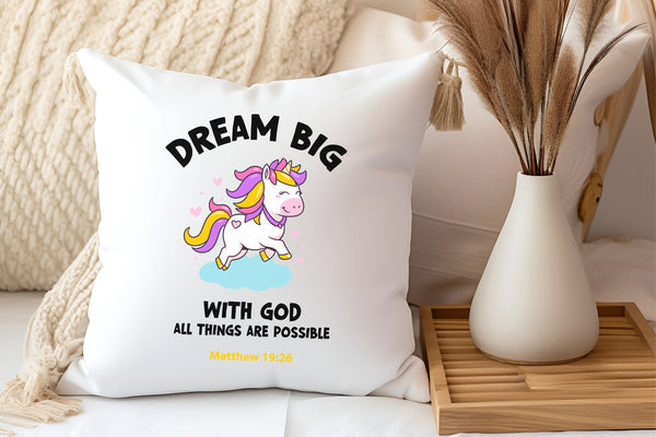 Kopfkissen zweifarbig einhorn all things are possible matthew 19:26