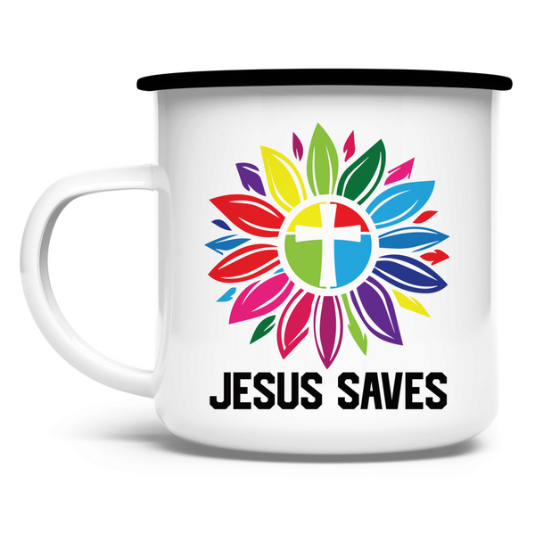 Emaille Tasse jesus saves blume