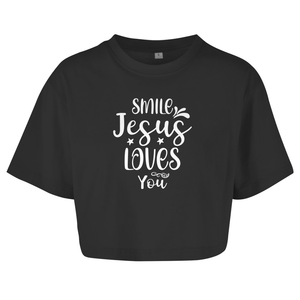Damen Oversize Crop Top smile jesus loves you