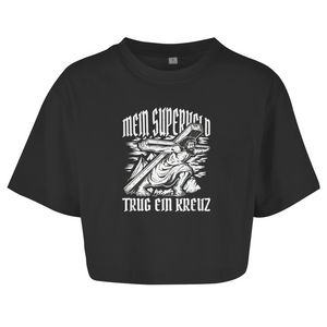 Damen Oversize Crop Top mein superheld trug ein kreuz
