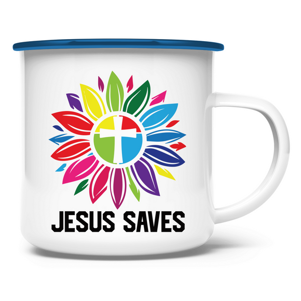 Emaille Tasse jesus saves blume