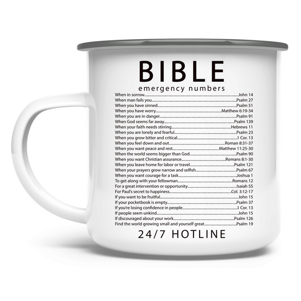 Emaille Tasse bible emegrency numbers