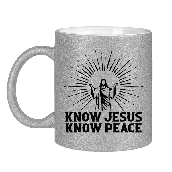 Glitzertasse know jesus know peace