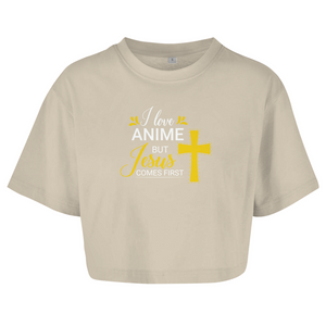 Damen Oversize Crop Top i love anime but jesus comes first