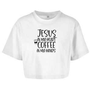 Damen Oversize Crop Top jesus in my heart coffee in my hands