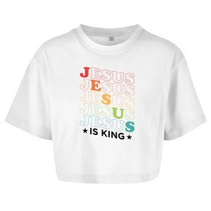 Damen Oversize Crop Top jesus is king retro