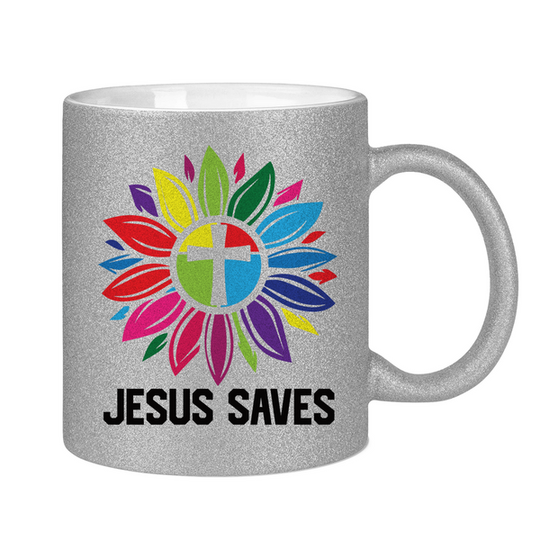 Glitzertasse jesus saves blume