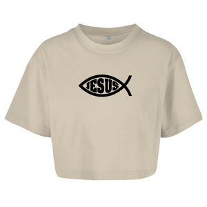 Damen Oversize Crop Top fisch symbol ICHTHYS Jesus