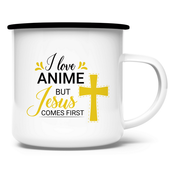 Emaille Tasse i love anime but jesus comes first