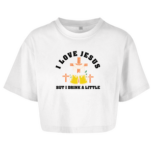 Damen Oversize Crop Top i love jesus but i drink a little bier
