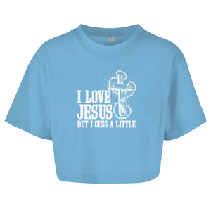 Damen Oversize Crop Top i love jesus but i cuss a little