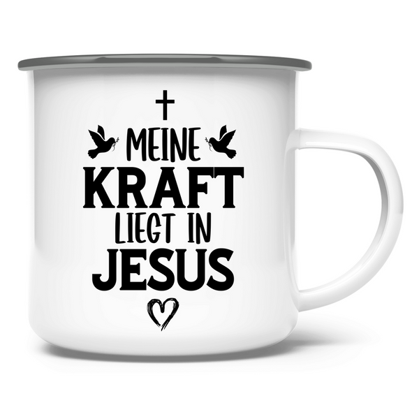 Emaille Tasse meine kraft liegt in jesus