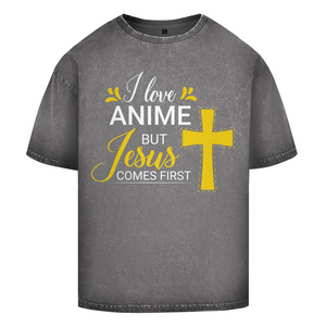 Oversize Washed T-Shirt i love anime but jesus comes first