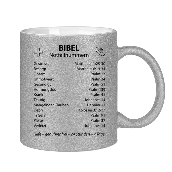 Glitzertasse bibel notfallnummern verse