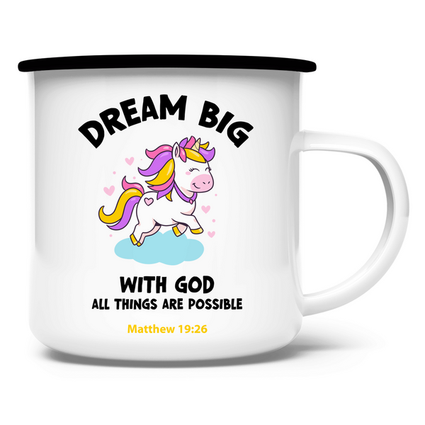 Emaille Tasse einhorn all things are possible matthew 19:26