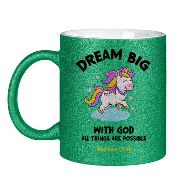 Glitzertasse einhorn all things are possible matthew 19:26