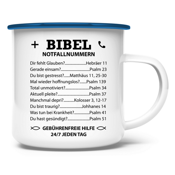 Emaille Tasse bibel notfallnummern