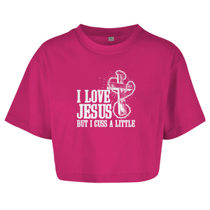 Damen Oversize Crop Top i love jesus but i cuss a little