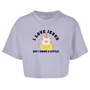 Damen Oversize Crop Top i love jesus but i drink a little bier