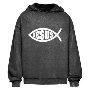 Oversize Washed Hoodie fisch symbol ICHTHYS Jesus