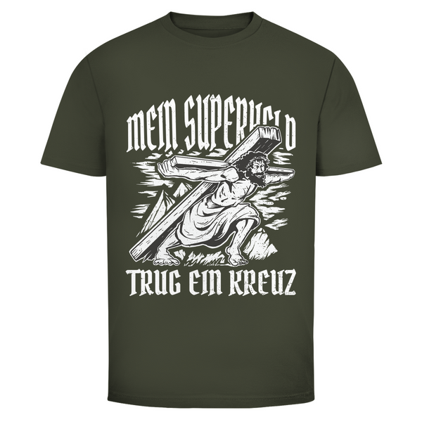 Herren T-Shirt mein superheld trug ein kreuz