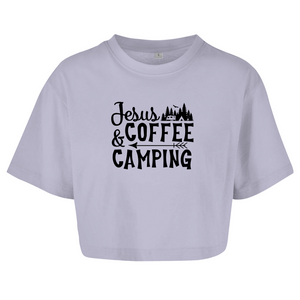 Damen Oversize Crop Top jesus coffee camping